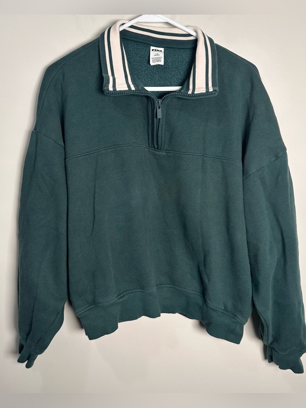 VS Pink women’s green Quarter-Zip Sweater with Stripe Collar